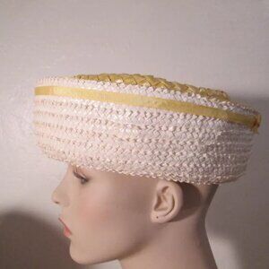Vintage Yellow & White Woven Straw Hat Ribbon Bow Retro Fashion